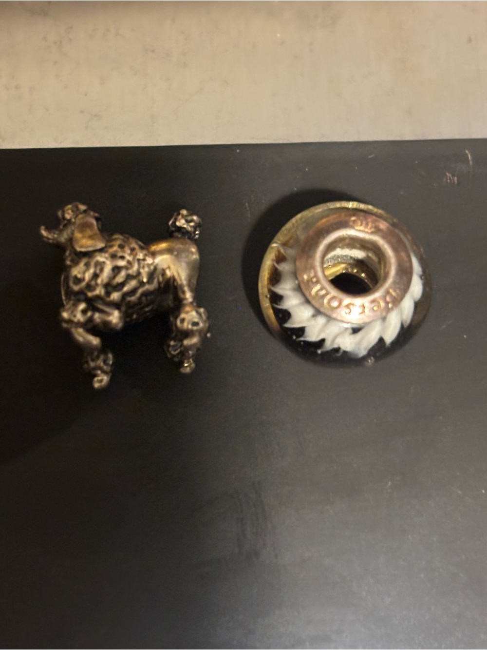 S925 ALE Sterling Silver Poodle and Core Black & White Murano Glass Charm Bead